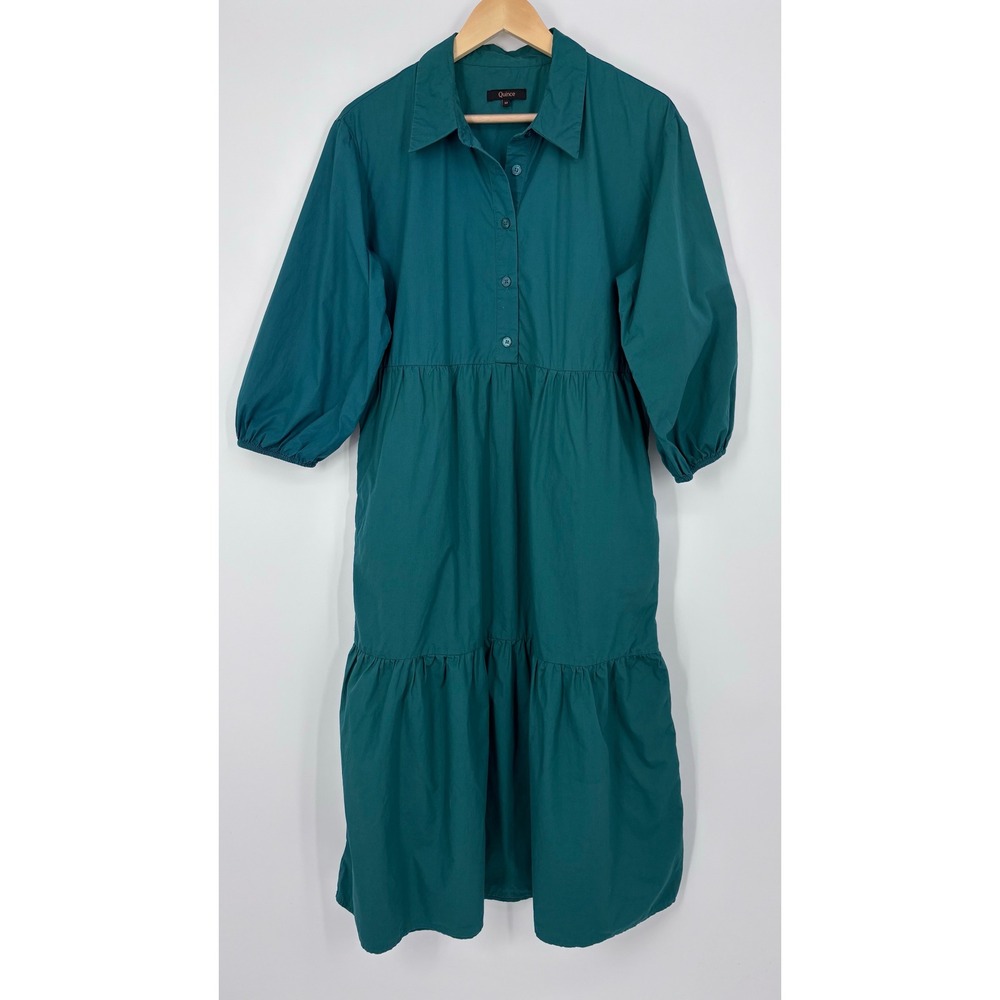 Quince 100% Organic Cotton Poplin Midi Tunic Dress Women M Garden Green Tiered
